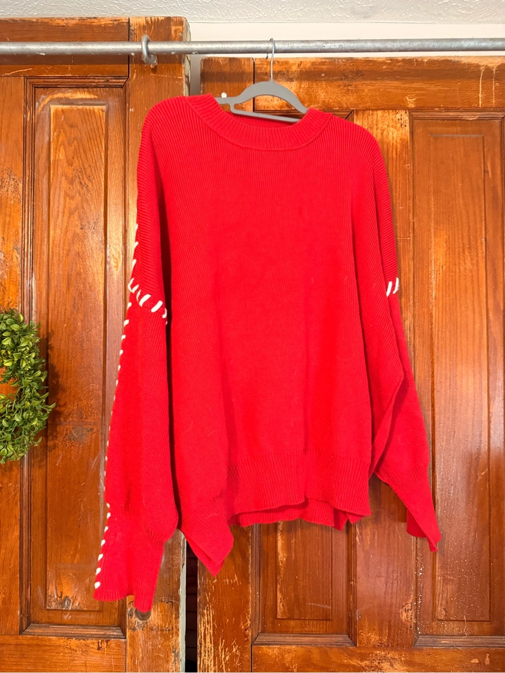 Altar'd State Red Crewneck Sweater with White Stitch Accents